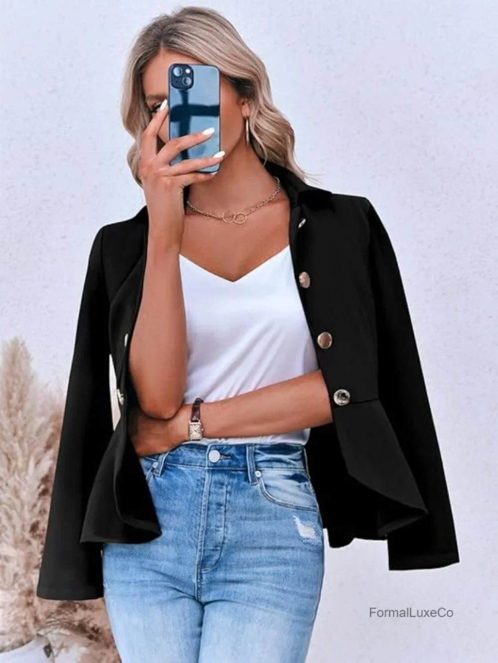 Elegant Women Peplum Blazer Herringbone Open Front Business Office Work Jacket